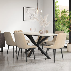 Juno White Marble Tabletop W Black Legs + Nova Velvet Dining Chair Set