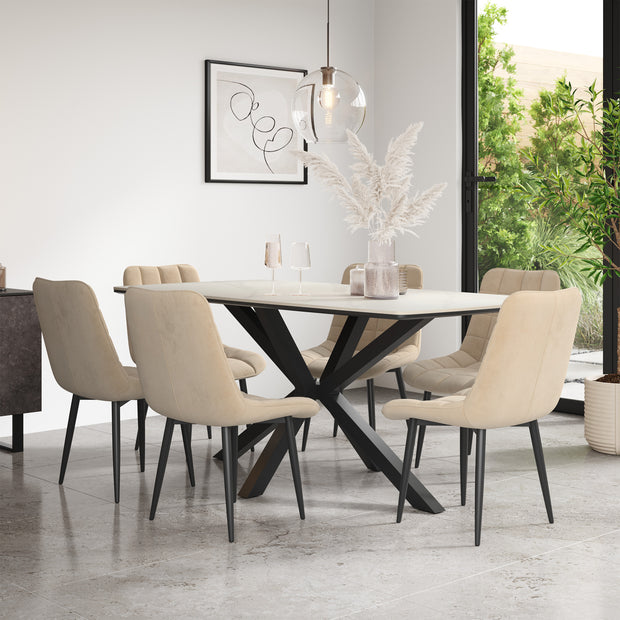 Juno White Marble Tabletop W Black Legs + Nova Velvet Dining Chair Set