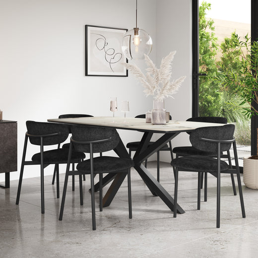 Juno Calcutta Gold Ceramic Dining Table & Myla Linen Chairs