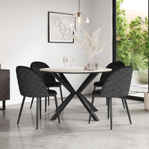Calne White Marble Tabletop W Black Legs + Raye Velvet Dining Chair Set