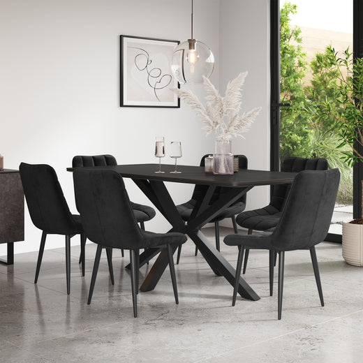 Juno Concrete Tabletop W Black Legs + Nova Velvet Dining Chair Set