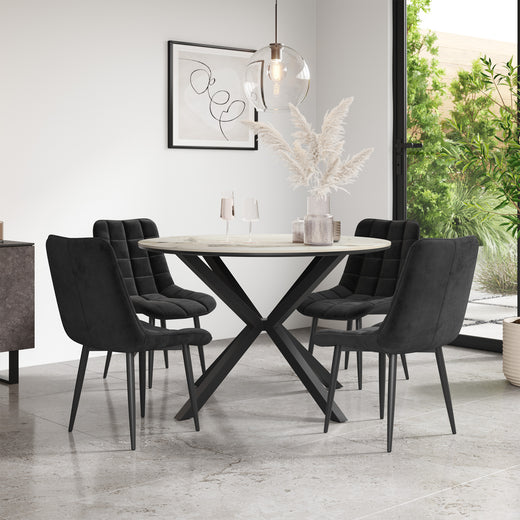 Calne Calcutta Gold Tabletop W Black Legs + Nova Velvet Dining Chair Set