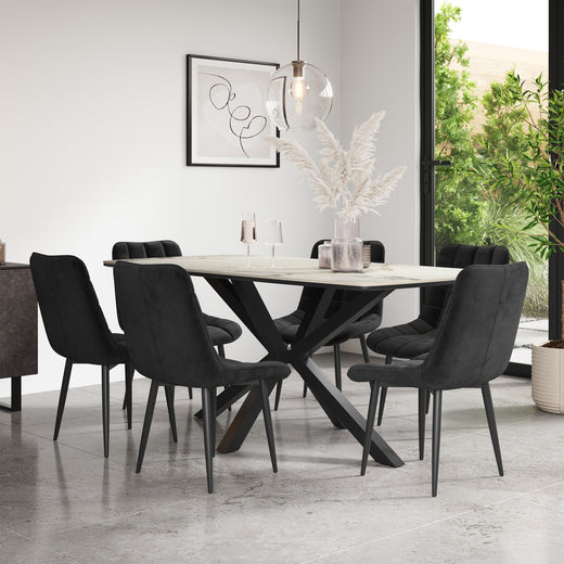 Juno Calcutta Gold Tabletop W Black Legs + Nova Velvet Dining Chair Set