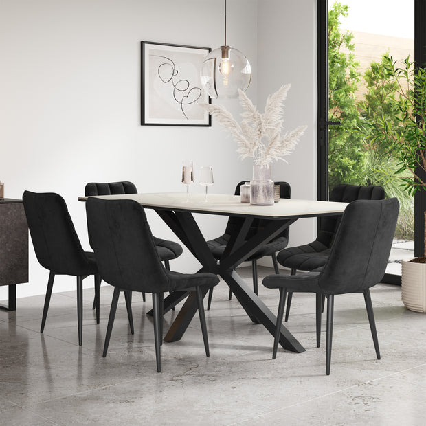 Juno White Marble Tabletop W Black Legs + Nova Velvet Dining Chair Set