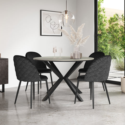 Calne Light Grey Tabletop W Black Legs + Raye Velvet Dining Chair Set