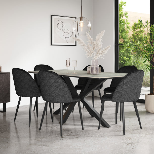Juno Light Grey Tabletop W Black Legs + Raye Velvet Dining Chair Set
