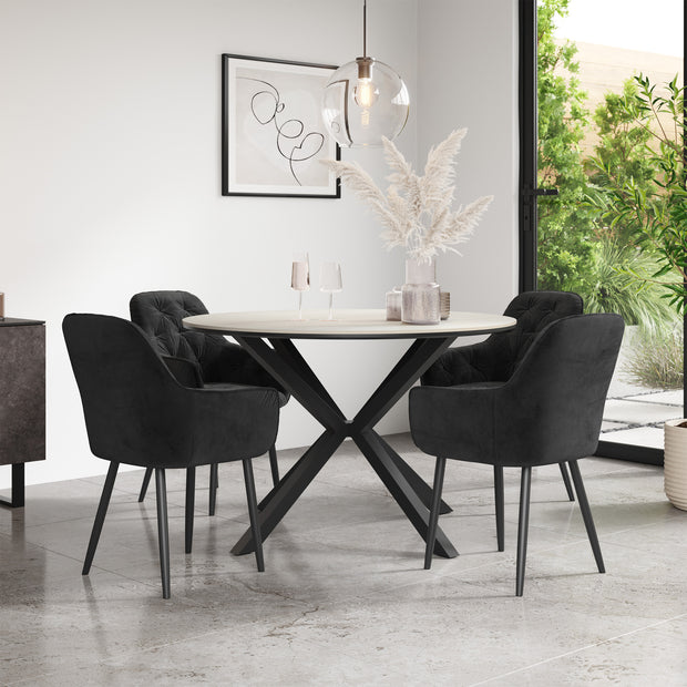 Calne White Marble Tabletop W Black Legs + Anika Velvet Dining Chair Set Of 4