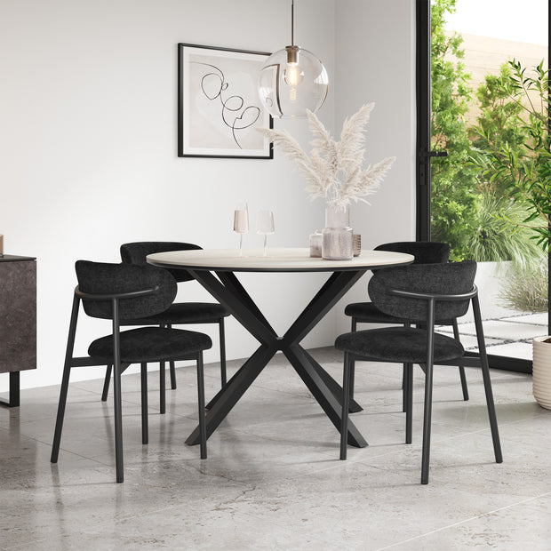 Calne White Marble Tabletop W Black Legs + Myla Linen Dining Chair Set