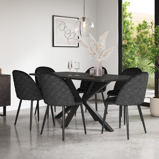 Juno Concrete Tabletop W Black Legs + Raye Velvet Dining Chair Set