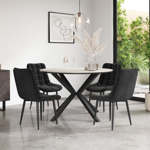 Calne White Marble Tabletop W Black Legs + Nova Velvet Dining Chair Set