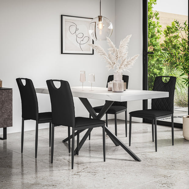 Donni Dining Table And Chairs - White Marble Effect Table Top w Black Legs + Monza Dining Chair Set of 4/6