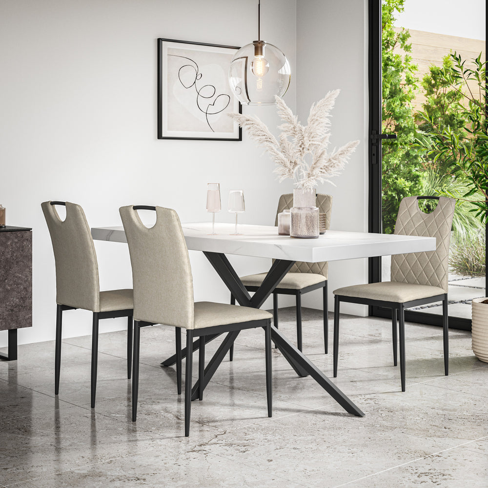 Donni Dining Table And Chairs - White Marble Effect Table Top w Black Legs + Monza Dining Chair Set of 4/6