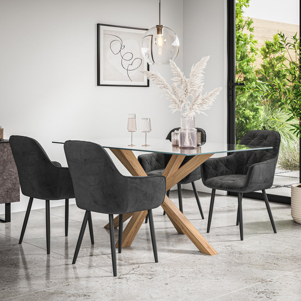 Etta Glass Dining Table And Chairs - Glass Top w Solid Oak Legs + Anika Dining Chair Set of 4/6