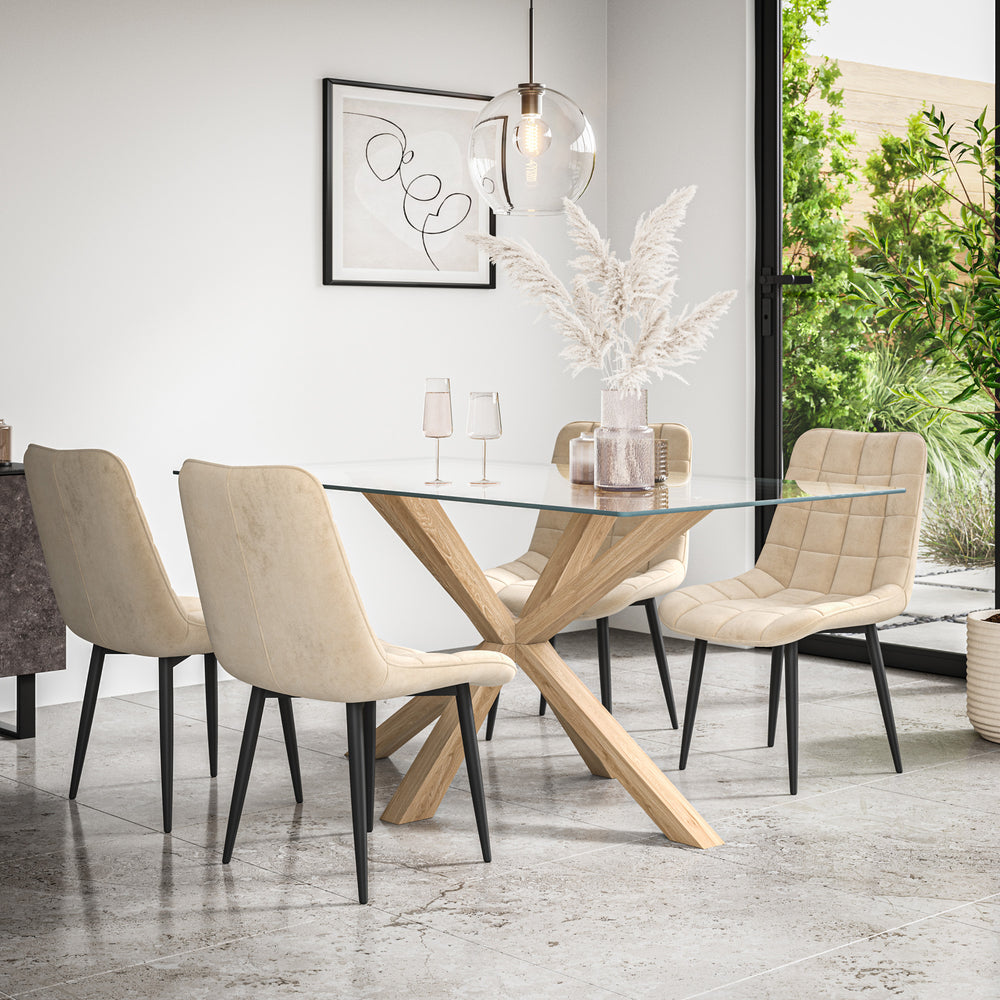 Etta Glass Dining Table And Chairs - Glass Top w Solid Oak Legs + Nova Dining Chair Set of 4/6