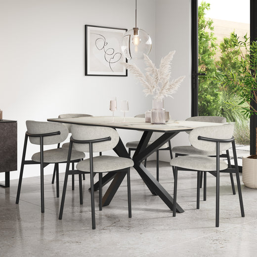 Juno Calcutta Gold Ceramic Dining Table & Myla Linen Chairs