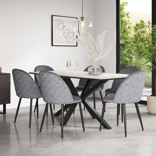 Juno White Marble Tabletop W Black Legs + Raye Velvet Dining Chair Set