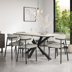 Juno White Marble Tabletop W Black Legs + Myla Linen Dining Chair Set