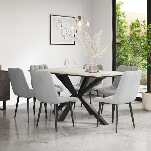Juno Calcutta Gold Tabletop W Black Legs + Nova Velvet Dining Chair Set