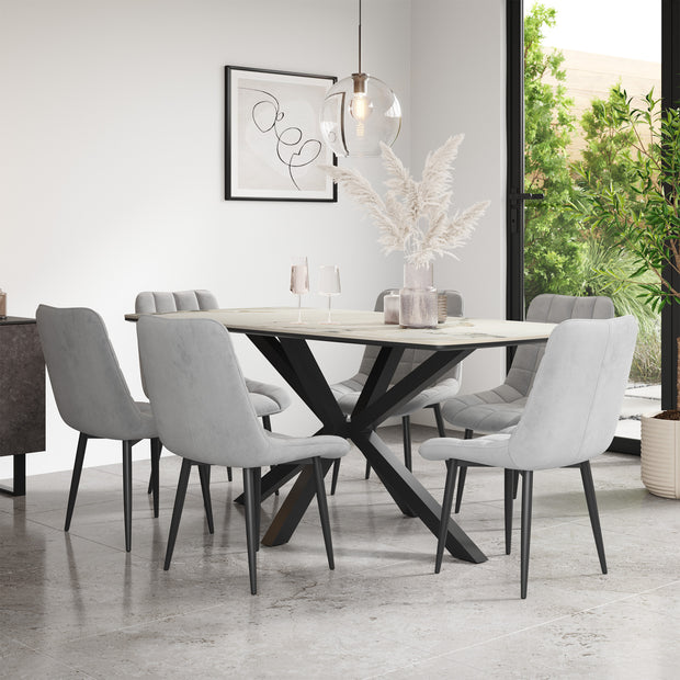 Juno Calcutta Gold Tabletop W Black Legs + Nova Velvet Dining Chair Set