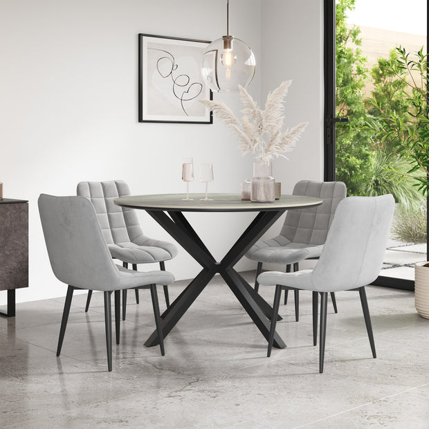 Calne Light Grey Tabletop W Black Legs + Nova Velvet Dining Chair Set