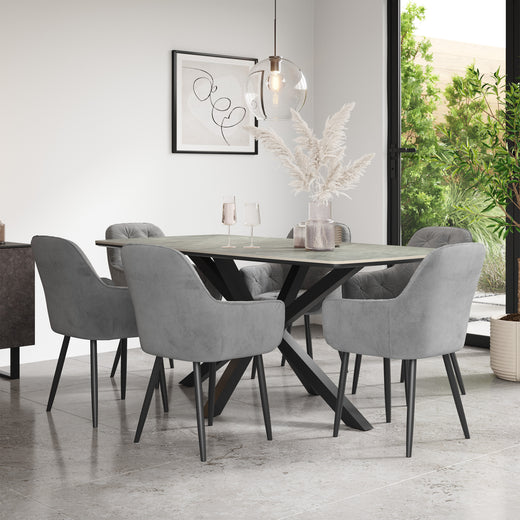 Juno Light Grey Tabletop W Black Legs + Anika Velvet Dining Chair Set