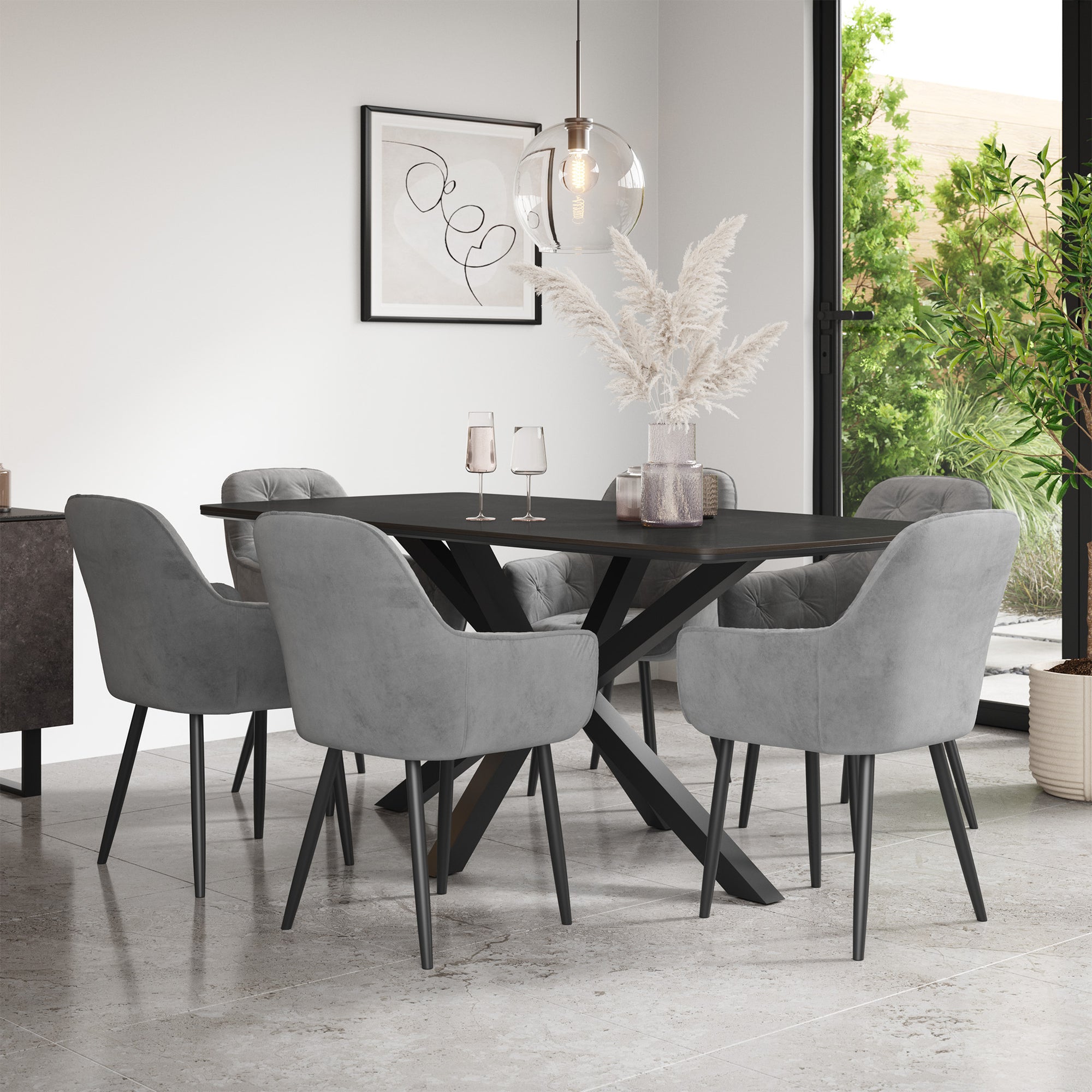 Juno Concrete Tabletop W Black Legs + Anika Velvet Dining Chair Set