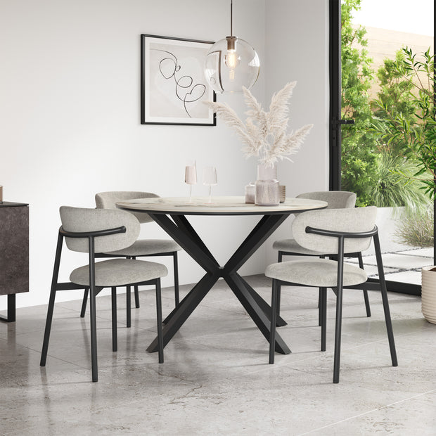 Calne Calcutta Gold Tabletop W Black Legs + Myla Linen Dining Chair Set