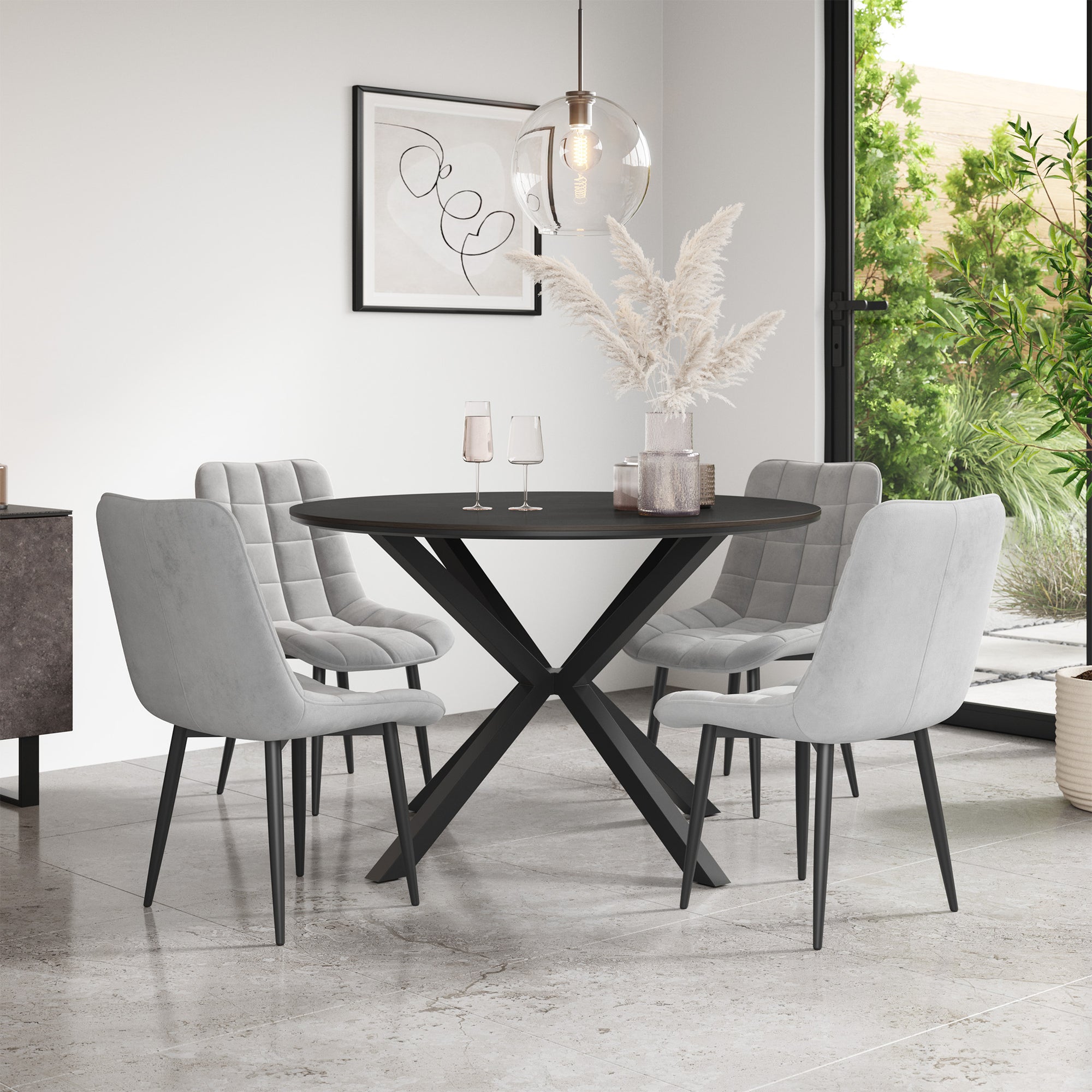 Calne Concrete Tabletop W Black Legs + Nova Velvet Dining Chair Set