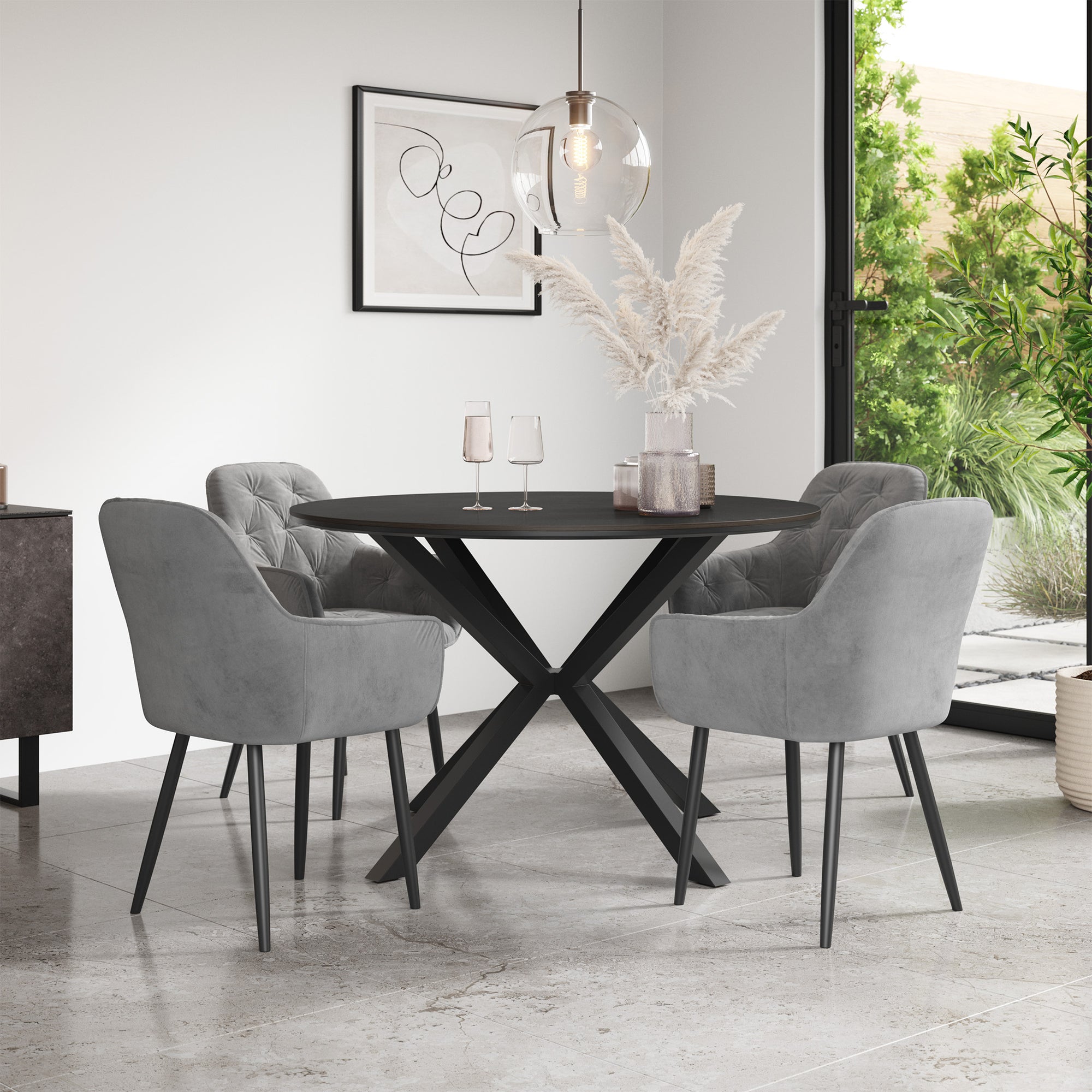 Calne Concrete Tabletop W Black Legs + Anika Velvet Dining Chair Set Of 4