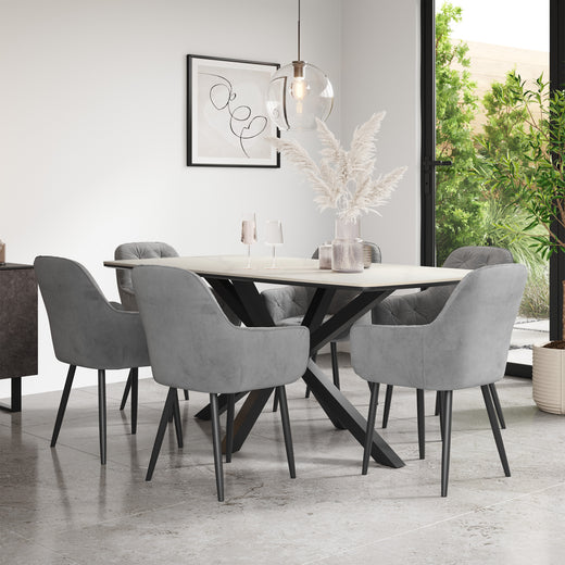 Juno White Marble Tabletop W Black Legs + Anika Velvet Dining Chair Set