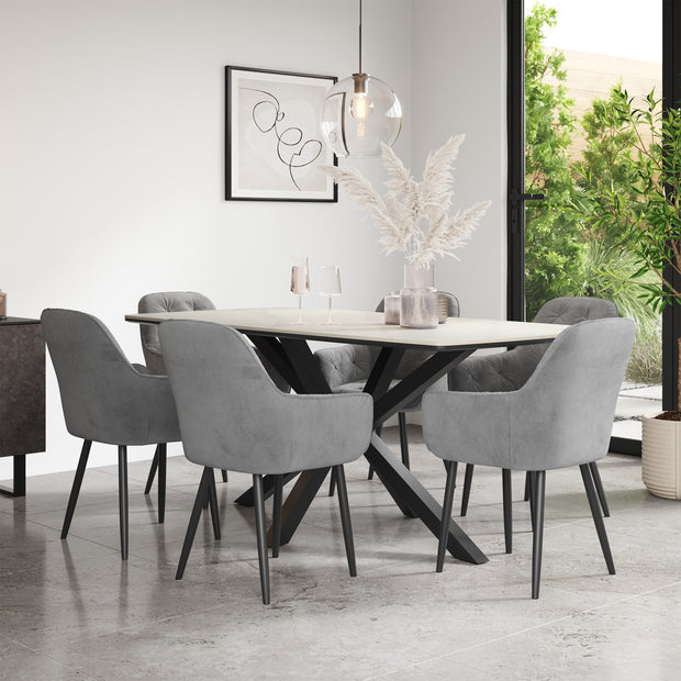 Juno White Marble Tabletop W Black Legs + Anika Velvet Dining Chair Set