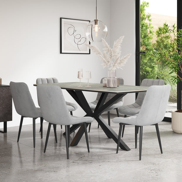 Juno Light Grey Tabletop W Black Legs + Nova Velvet Dining Chair Set