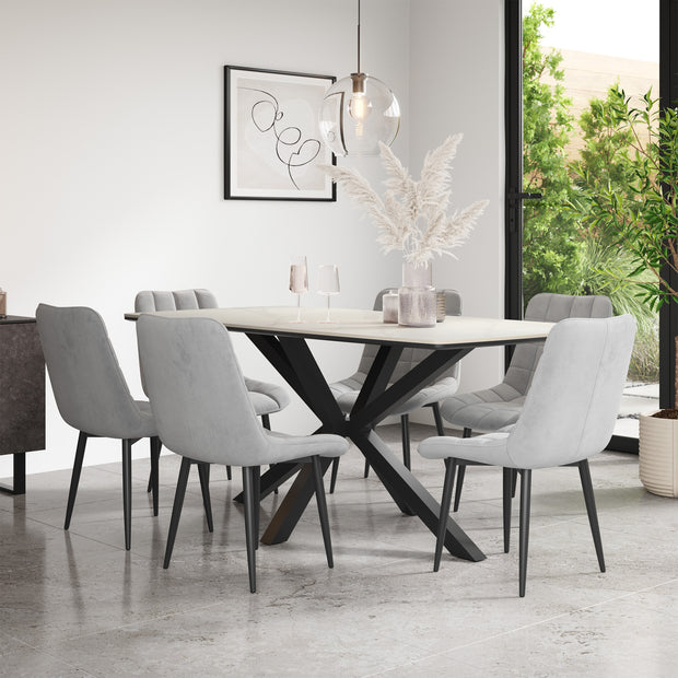 Juno White Marble Tabletop W Black Legs + Nova Velvet Dining Chair Set