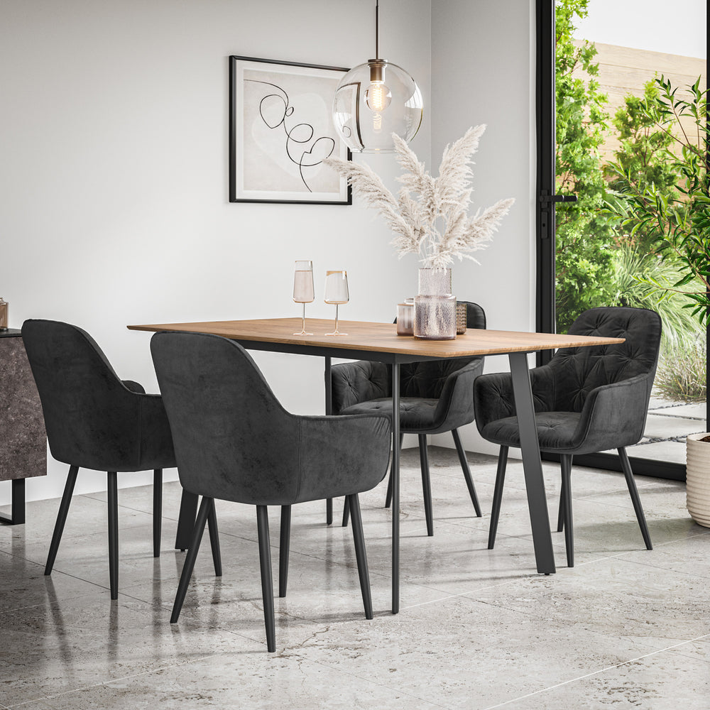 Haydon Extending Dining Table And Chairs -  Oak Effect Table Top w Black Legs + Anika Dining Chair Set of 4/6