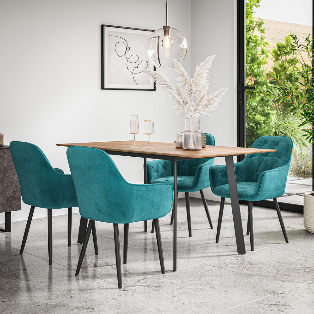Haydon Extending Dining Table And Chairs -  Oak Effect Table Top w Black Legs + Anika Dining Chair Set of 4/6