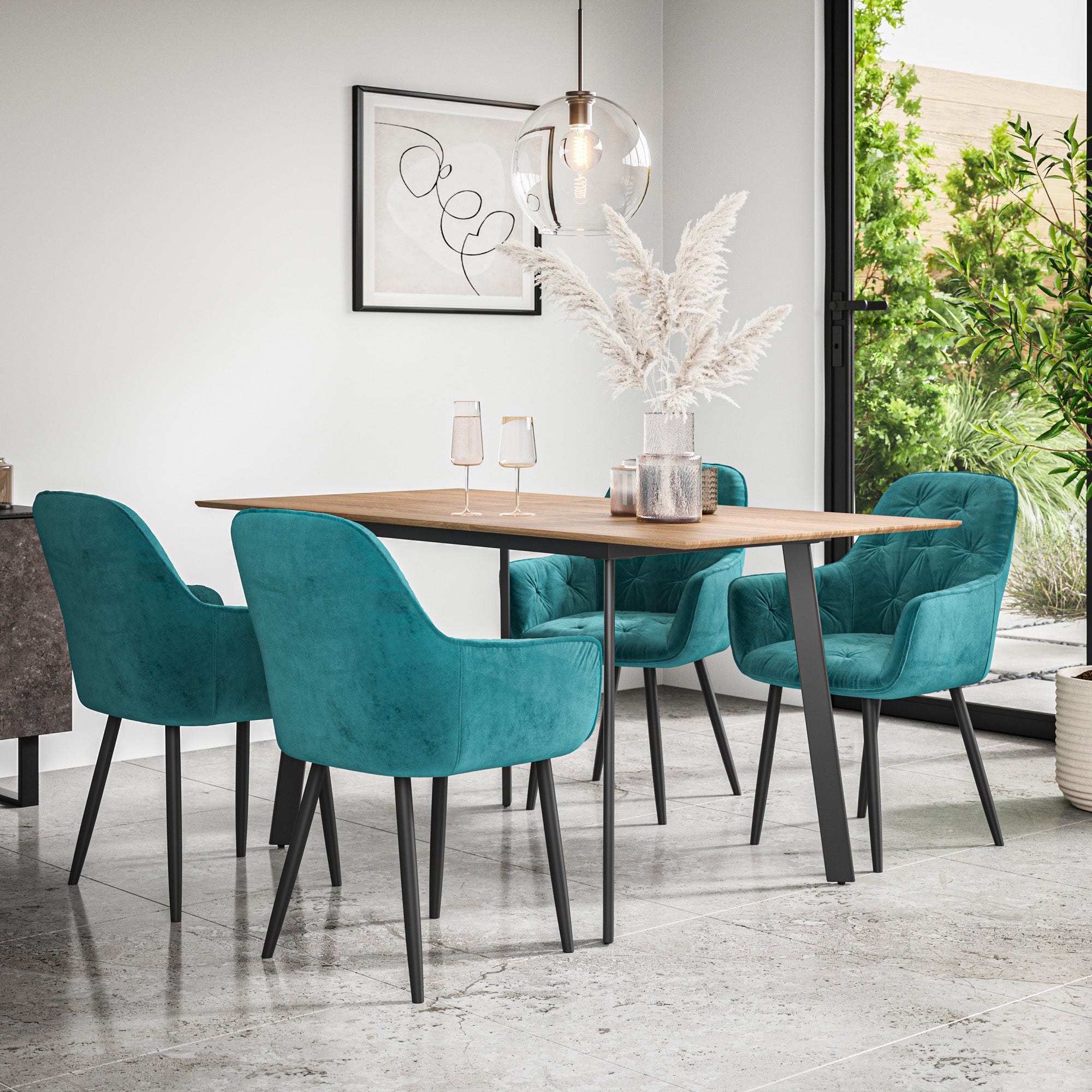 Haydon Extending Dining Table And Chairs -  Oak Effect Table Top w Black Legs + Anika Dining Chair Set of 4/6