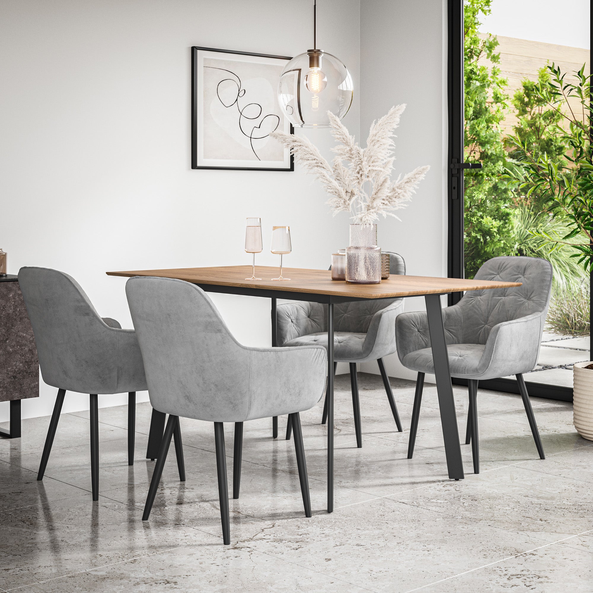 Haydon Extending Dining Table And Chairs -  Oak Effect Table Top w Black Legs + Anika Dining Chair Set of 4/6