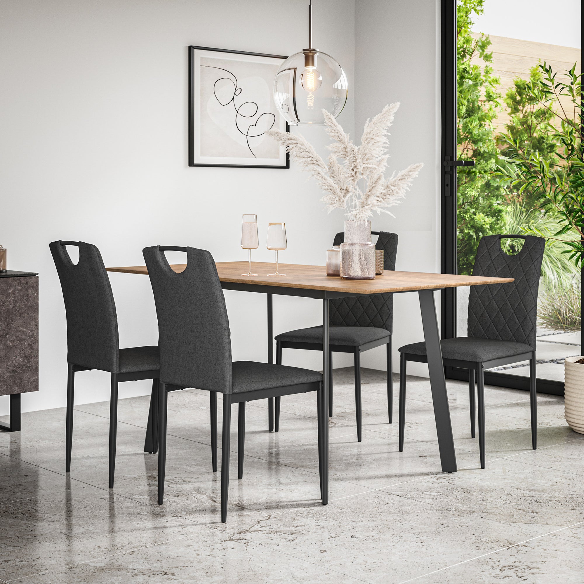 Haydon Extending Dining Table + Chairs - Oak Effect Table Top w Black Legs + Monza Dining Chair Set of 4/6