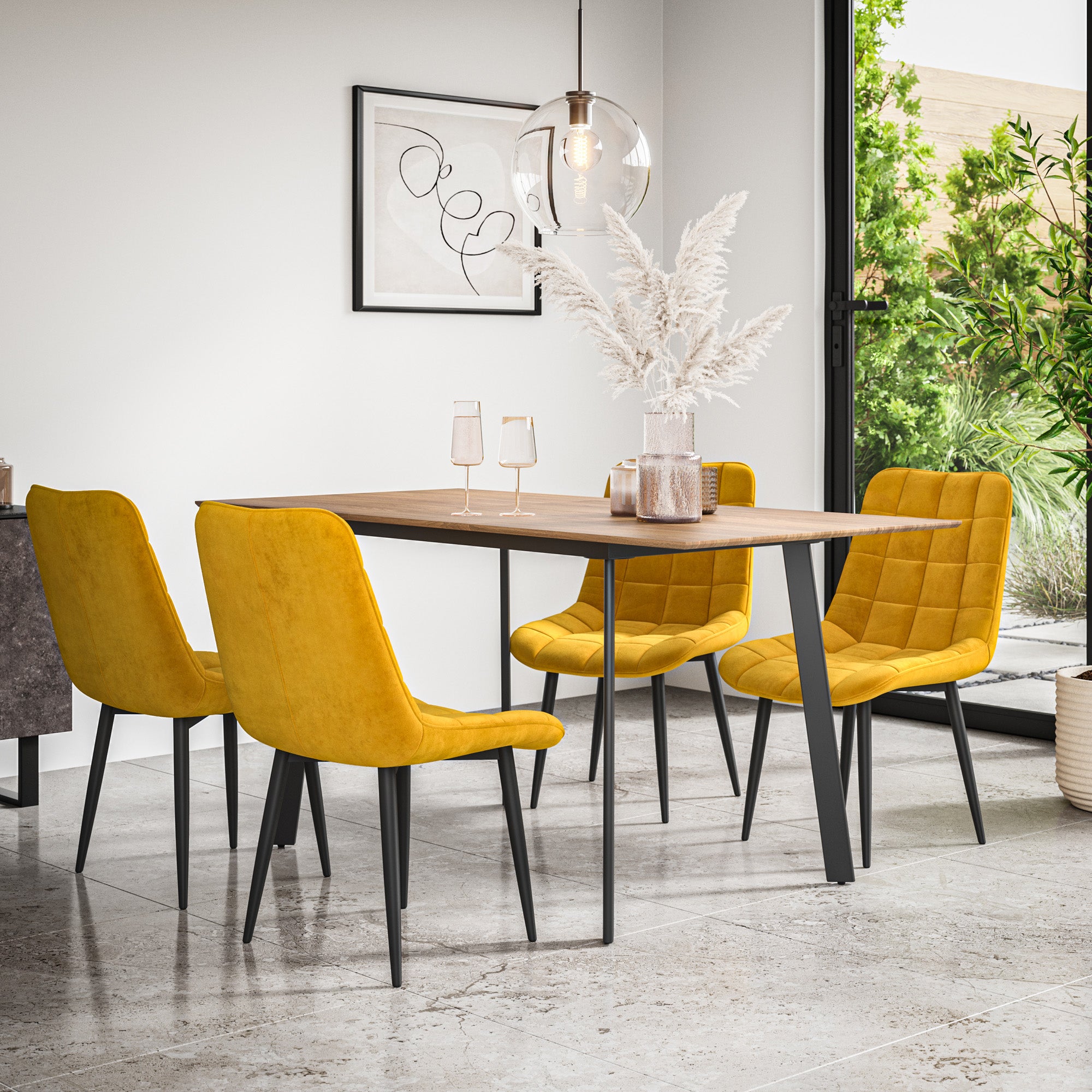 Haydon Extending Dining Table + Chairs- Oak Effect Table Top w Black Legs + Nova Dining Chair Set of 4/6