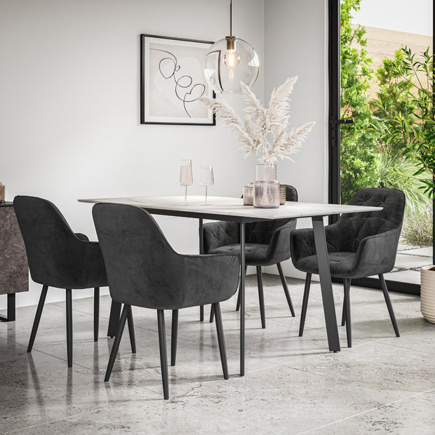 Haydon Extending Dining Table + Chairs- White Marble Effect Table Top w Black Legs + Anika Dining Chair Set of 4/6