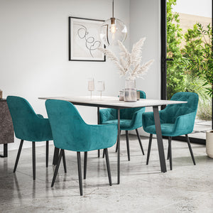 Haydon Extending Dining Table + Chairs- White Marble Effect Table Top w Black Legs + Anika Dining Chair Set of 4/6