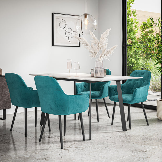 Haydon Extending Dining Table + Chairs- White Marble Effect Table Top w Black Legs + Anika Dining Chair Set of 4/6