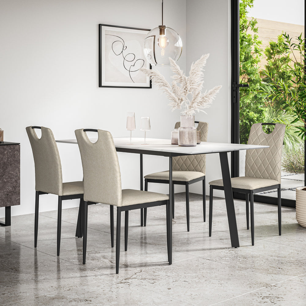 Haydon Extending Dining Table + Chairs - White Marble Effect Table Top w Black Legs + Monza Dining Chair Set of 4/6