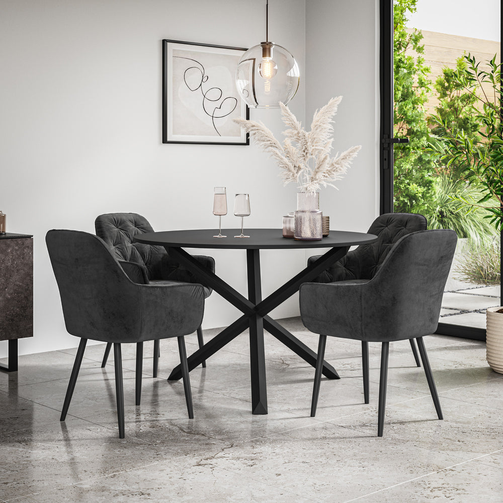 Malvern Round Dining Table And Chairs -  Black Table Top w Solid Oak Black Legs + Anika Dining Chair Set of 4