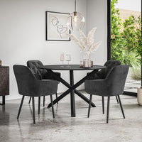 Malvern Round Dining Table And Chairs -  Black Table Top w Solid Oak Black Legs + Anika Dining Chair Set of 4