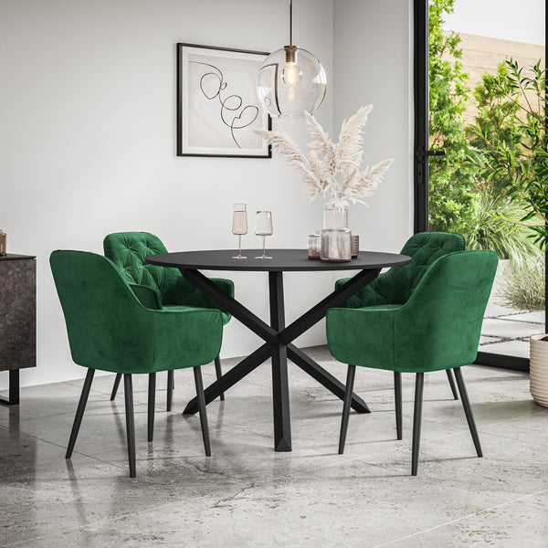 Malvern Round Dining Table And Chairs -  Black Table Top w Solid Oak Black Legs + Anika Dining Chair Set of 4