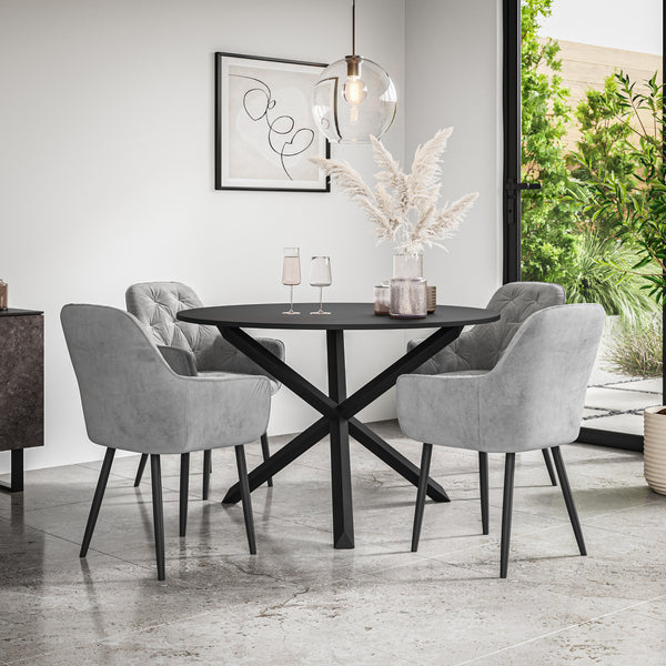 Malvern Round Dining Table And Chairs -  Black Table Top w Solid Oak Black Legs + Anika Dining Chair Set of 4