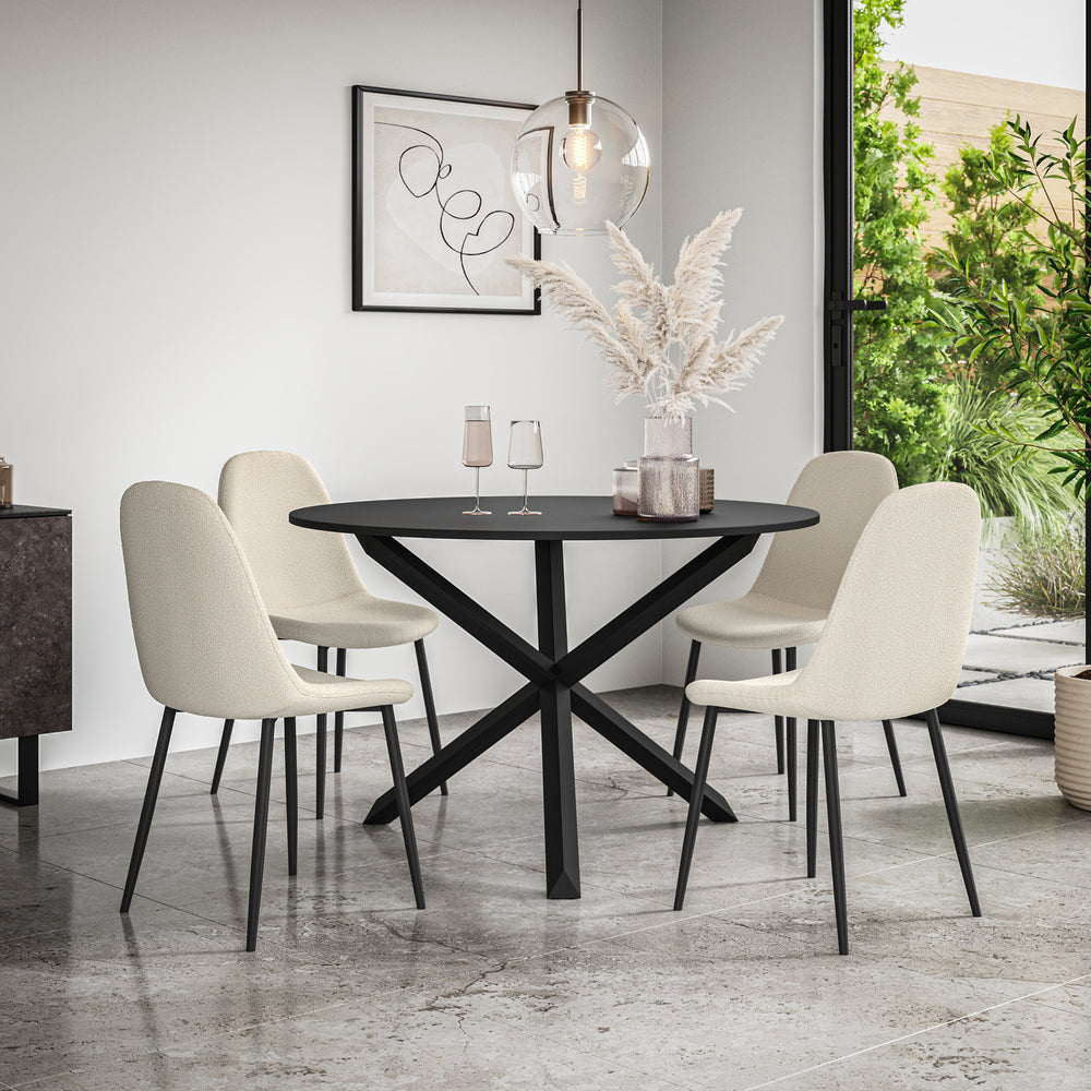 Malvern Round Dining Table And Chairs -  Black Table Top w Solid Oak Black Legs + Maya Boucle Dining Chair Set of 4/6