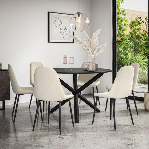 Malvern Round Dining Table And Chairs -  Black Table Top w Solid Oak Black Legs + Maya Boucle Dining Chair Set of 4/6