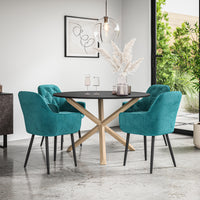 Malvern Round Dining Table And Chairs -  Black Table Top w Solid Oak Legs + Anika Dining Chair Set of 4